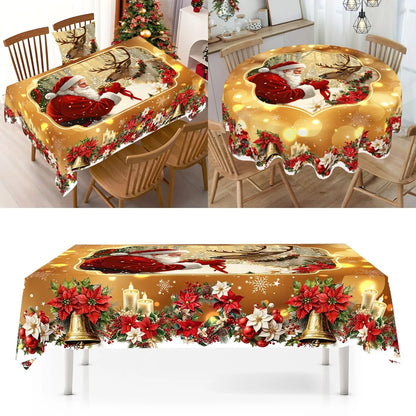 Golden Christmas Santa Claus tablecloth featuring festive designs for holiday gatherings