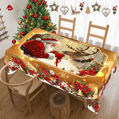 Golden Christmas Santa Claus tablecloth featuring Santa and a reindeer in a festive setting