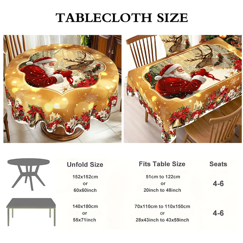 Golden Christmas Santa Claus tablecloth with festive design ideal for holiday gatherings and family feasts