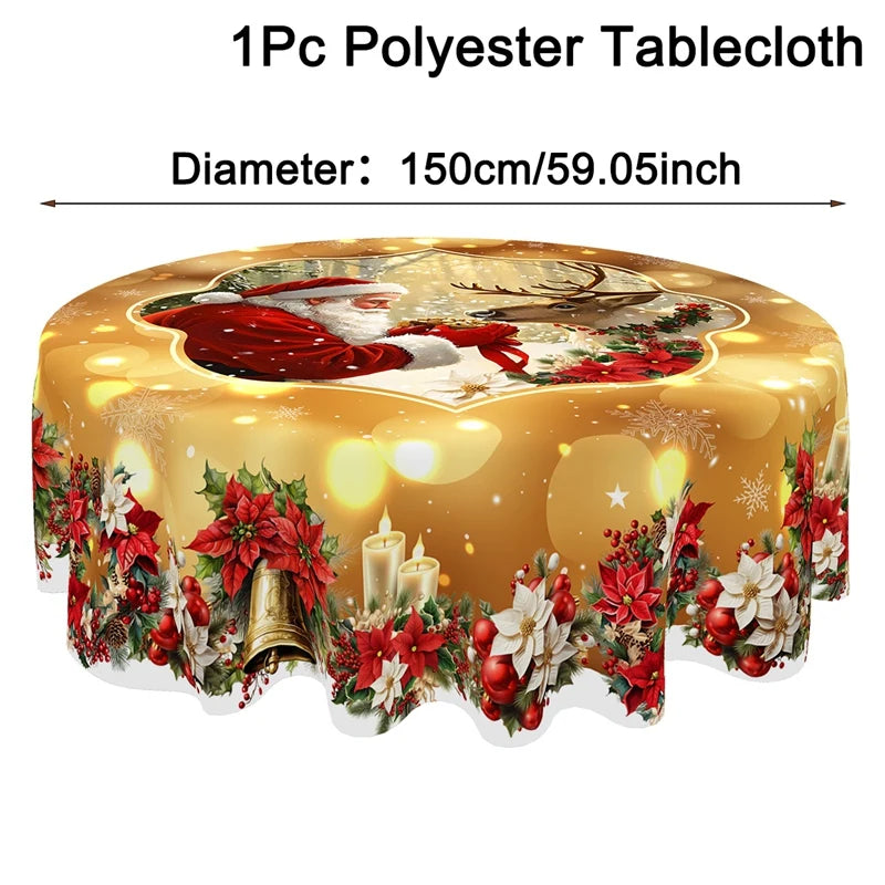 Golden Christmas Santa Claus tablecloth with festive design and floral accents for holiday dining