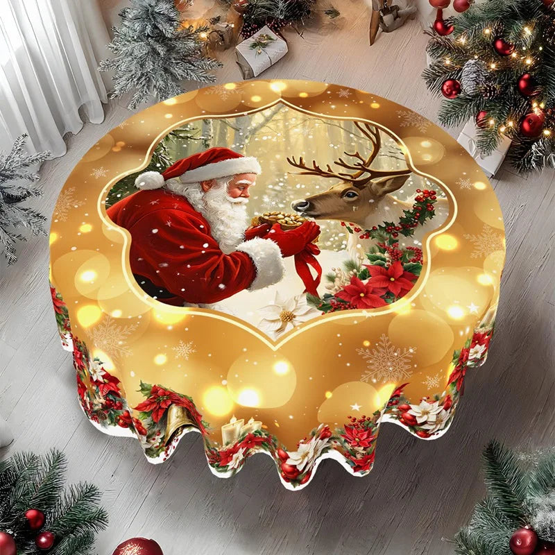 Golden Christmas Santa Claus tablecloth featuring Santa and a reindeer in a festive design