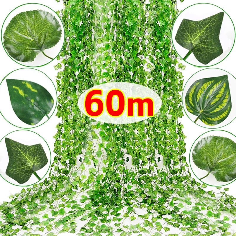 Nutshell Artificial Green Ivy Leaf Rattan Creeper Vine 60m hanging faux ivy with mixed leaves