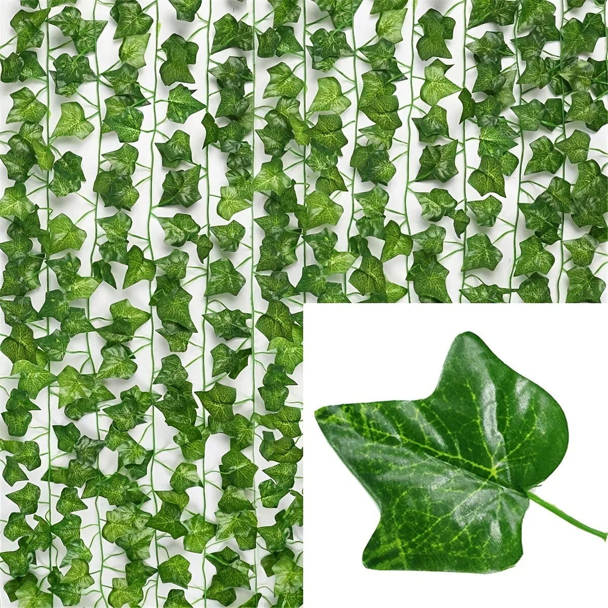 Nutshell faux plants showing Artificial Green Ivy Leaf Rattan Creeper Vine hanging strands on white background with leaf closeup