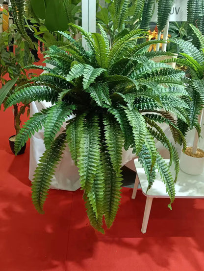 Nutshell artificial fern hanging plant in white pot with lush cascading green fronds for home decor