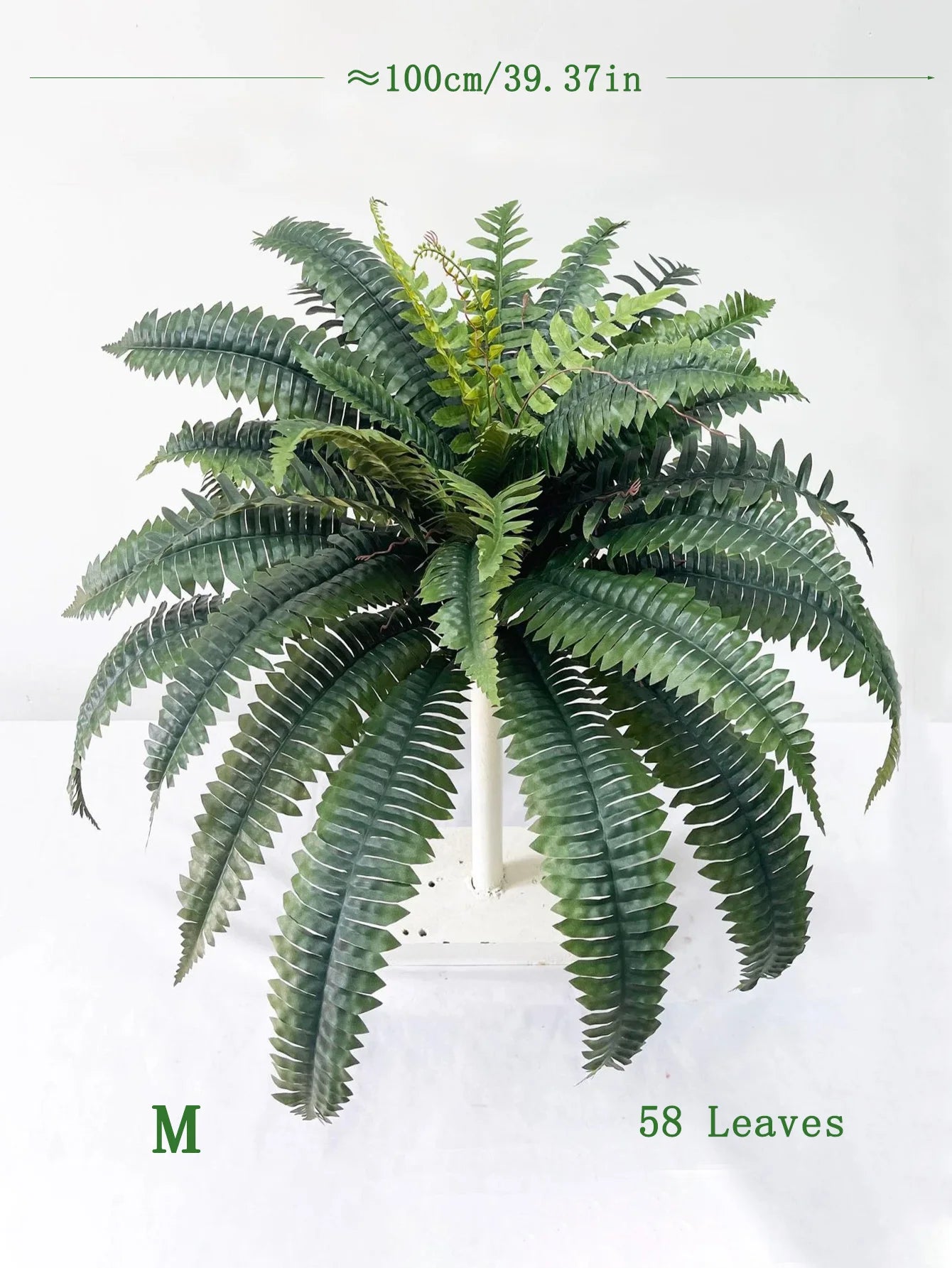 Nutshell artificial fern hanging plant with 58 lush green fronds cascading from a white pot, medium 39 inch