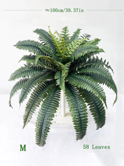 Nutshell artificial fern hanging plant with 58 lush green fronds cascading from a white pot, medium 39 inch