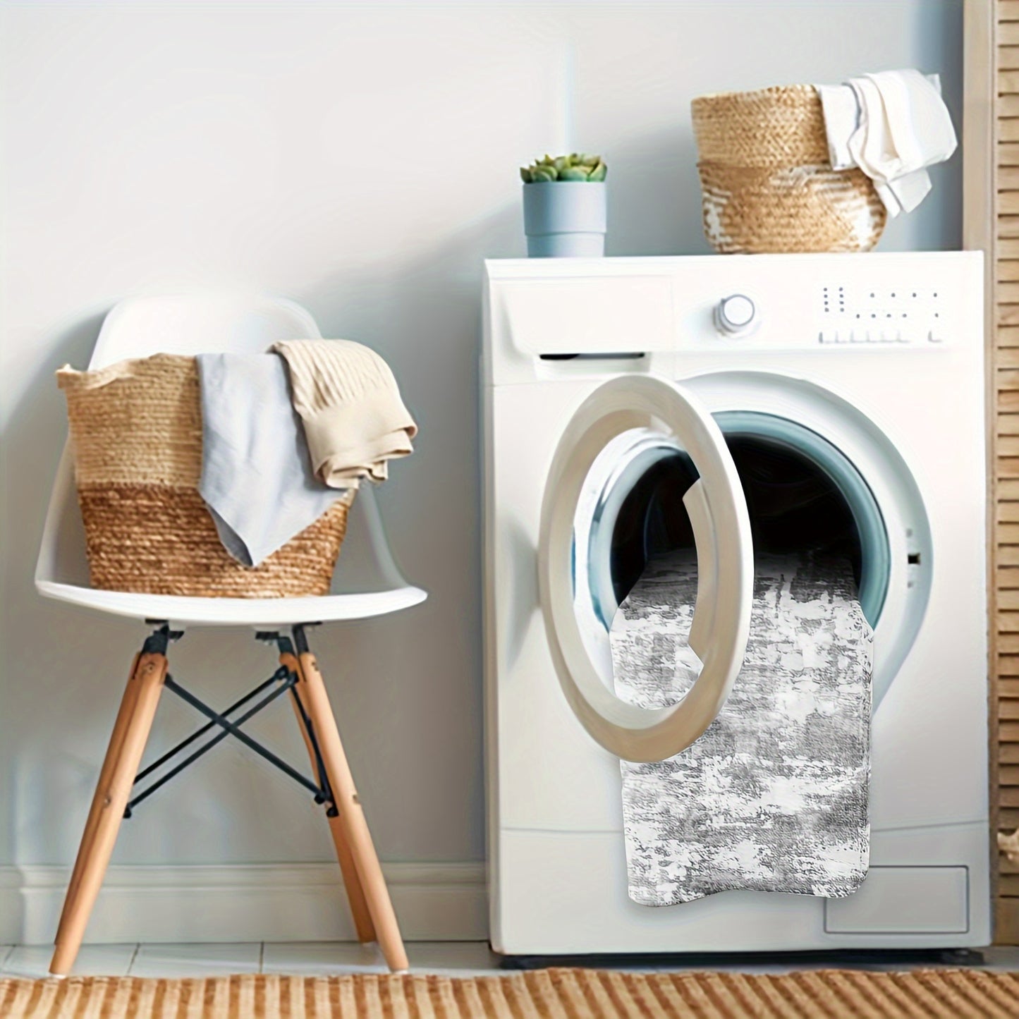 Nutshell grey hallway runner rug displayed near a washing machine and chair, enhancing home decor
