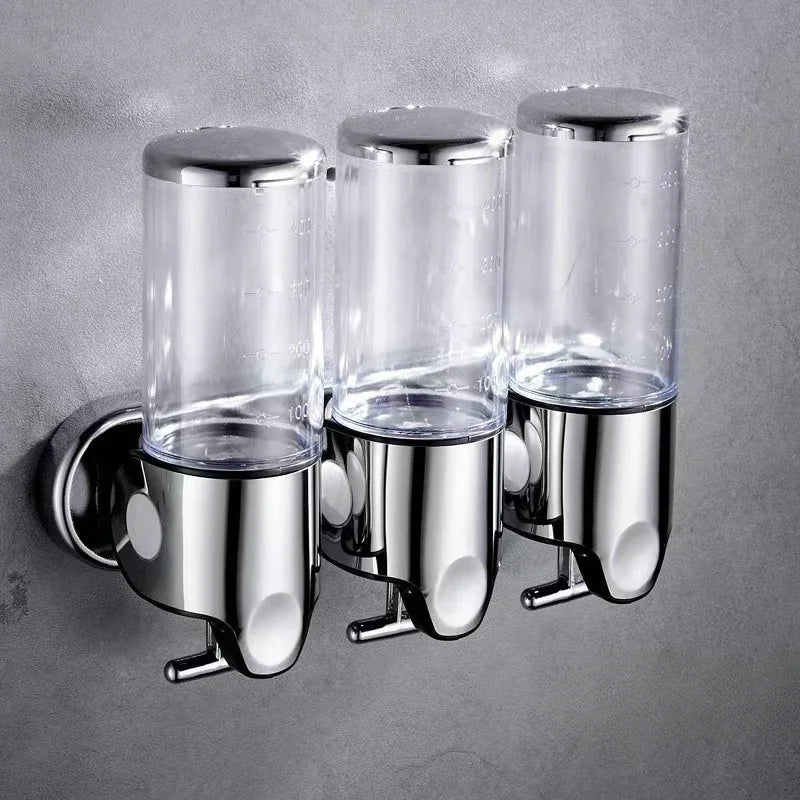 Nutshell Hand Liquid Soap Dispensers with three chrome containers for easy use in bathrooms or kitchens