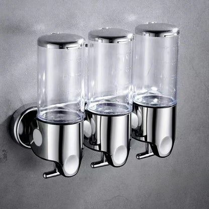Nutshell Hand Liquid Soap Dispensers with three chrome containers for easy use in bathrooms or kitchens