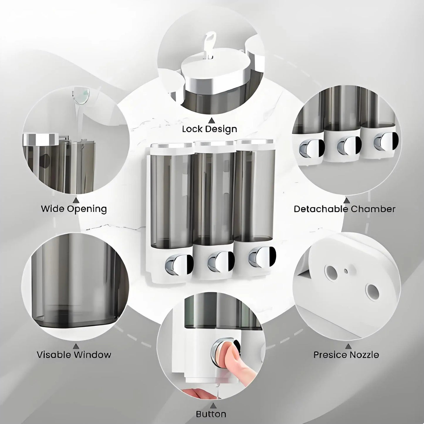 Nutshell Hand Liquid Soap Dispensers with lock design and detachable chamber for easy refilling