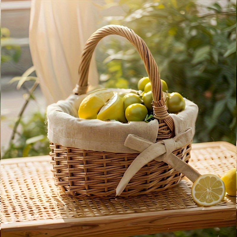Handcrafted wicker basket filled with fresh lemons and limes on a wooden table