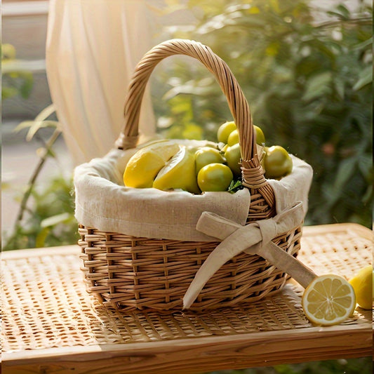 Handcrafted wicker basket filled with fresh lemons and limes on a wooden table