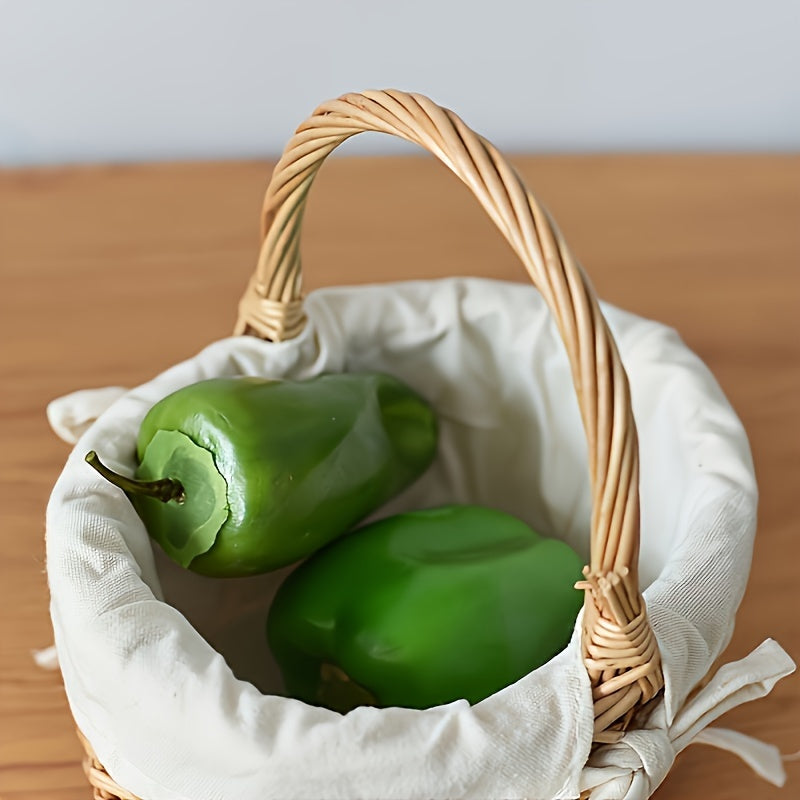 Handcrafted wicker basket with green peppers, perfect for home organization or gardening