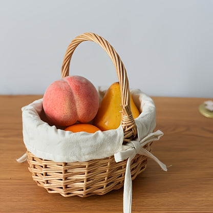 Handcrafted wicker basket with a fabric lining, holding fresh fruits including a peach and pear