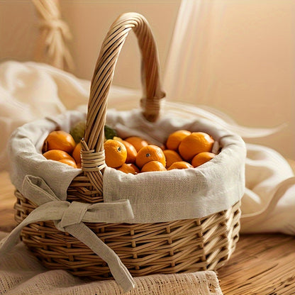 Nutshell handcrafted wicker basket filled with fresh oranges, featuring a soft fabric lining