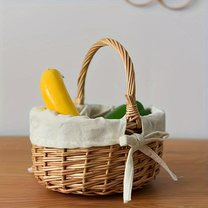 Handcrafted wicker basket with fabric lining, holding yellow and green vegetables on a wooden table