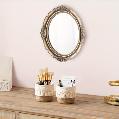Nutshell handcrafted woven storage basket in a stylish home setting with stationery and tools