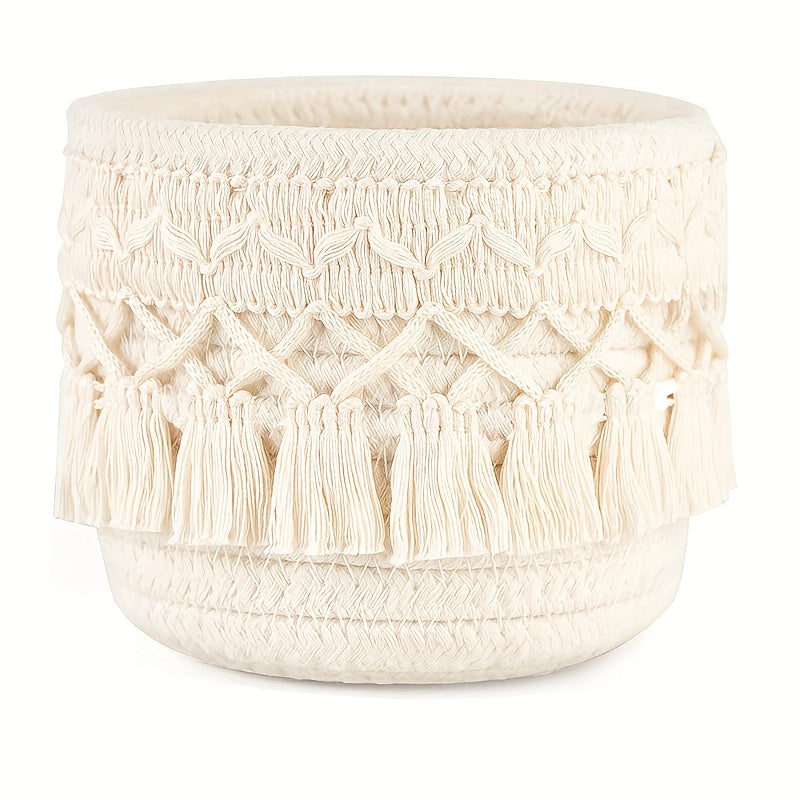 Nutshell handcrafted woven storage basket with decorative tassels for home organization