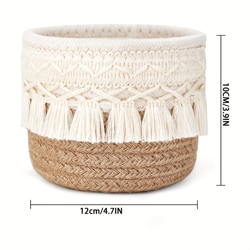 Handcrafted woven storage basket with decorative tassels, perfect for organizing any space