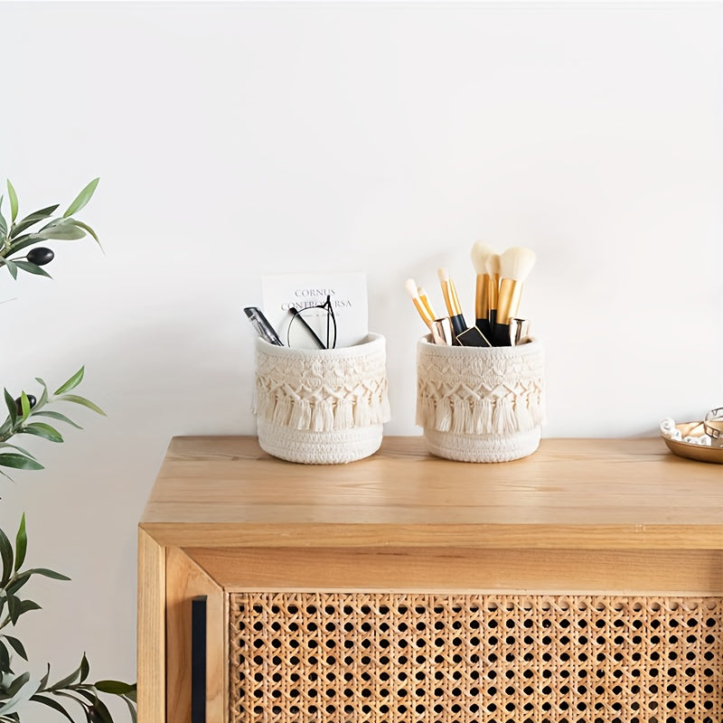 Nutshell handcrafted woven storage basket displayed on a wooden table with art supplies