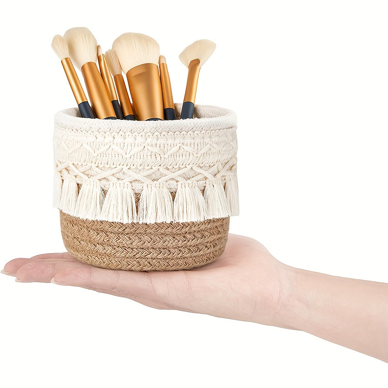 Handcrafted woven storage basket holding makeup brushes with a decorative macrame design