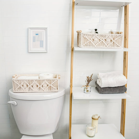 Nutshell Handmade macrame storage baskets placed on a bathroom shelf for stylish organization