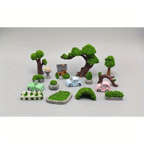 Handmade resin zen garden decor set featuring miniature trees, houses, and cars for a tranquil display