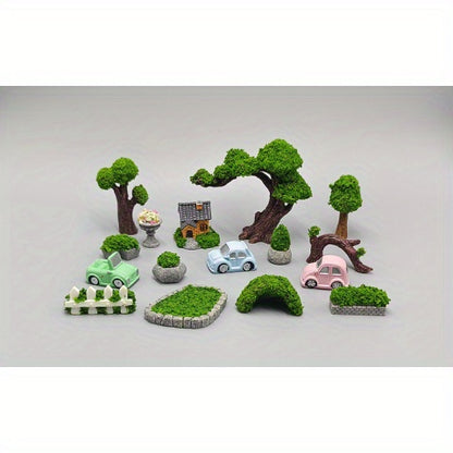 Handmade resin zen garden decor set featuring miniature trees, houses, and cars for a tranquil display