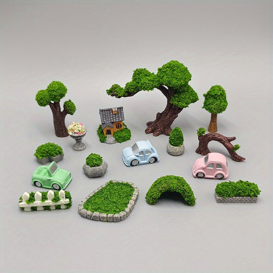 Handmade resin zen garden decor featuring miniature trees, cars, and a house for tranquil settings