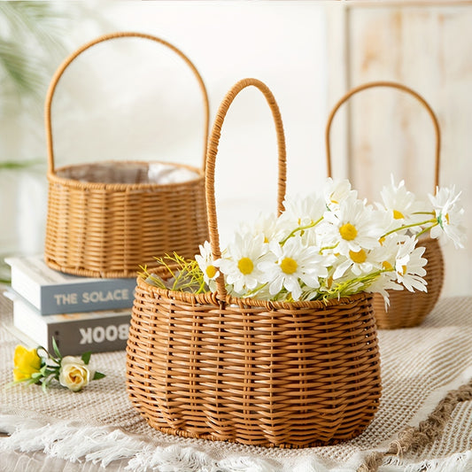 Nutshell handwoven picnic basket filled with flowers displayed on a table with books