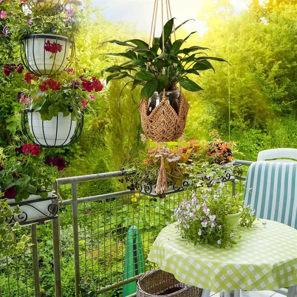 Nutshell Hanging Plant Macrame Basket with lush green plants on a vibrant balcony setting