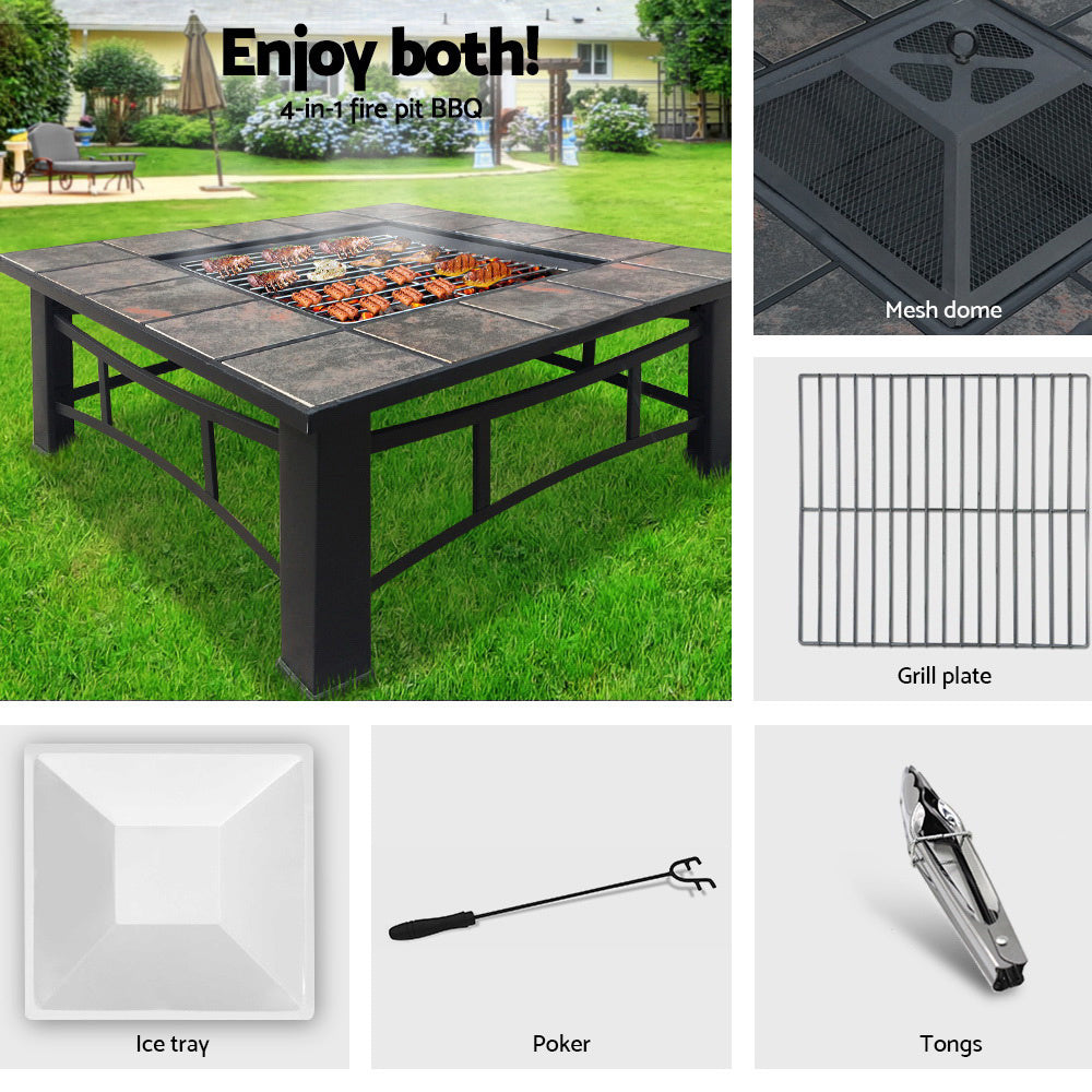 Heavy Duty 2 in 1 Fire Pit and BBQ Grill with accessories like tongs and grill plate for outdoor gatherings