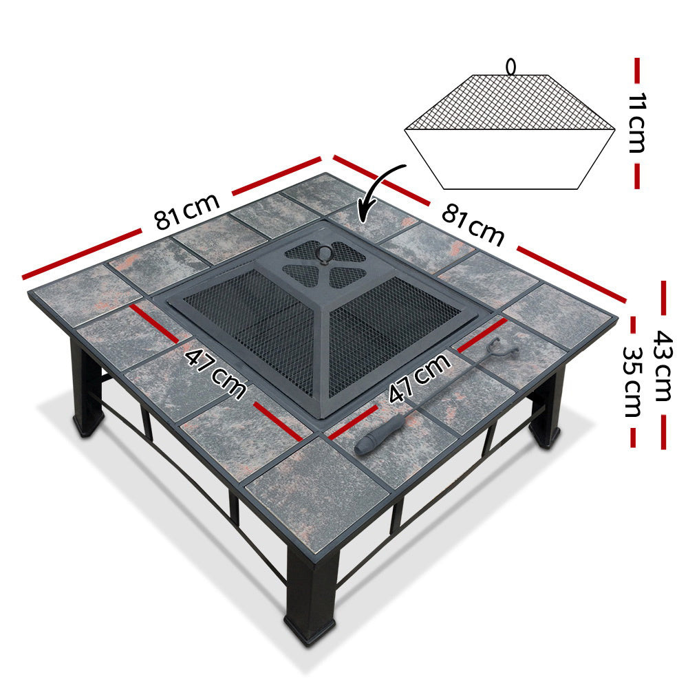 Heavy Duty 2 in 1 Fire Pit and BBQ Grill with sturdy design and measurement details for outdoor use