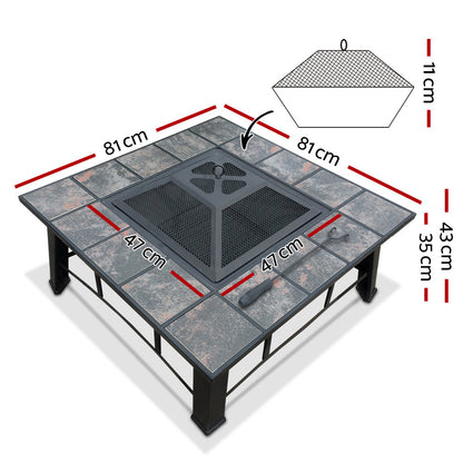 Heavy Duty 2 in 1 Fire Pit and BBQ Grill with sturdy design and measurement details for outdoor use