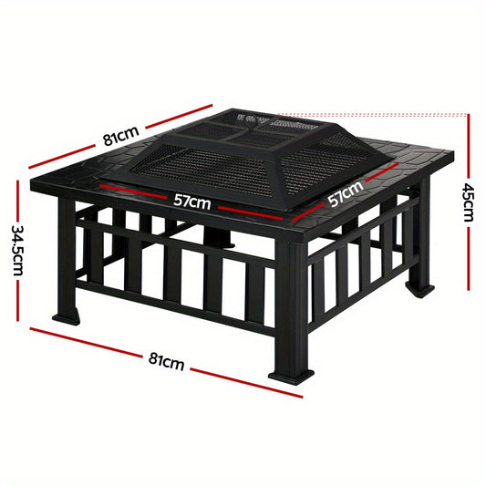 Heavy Duty 2-in-1 Fire Pit & BBQ Grill Outdoor Table with sturdy design and measurements displayed
