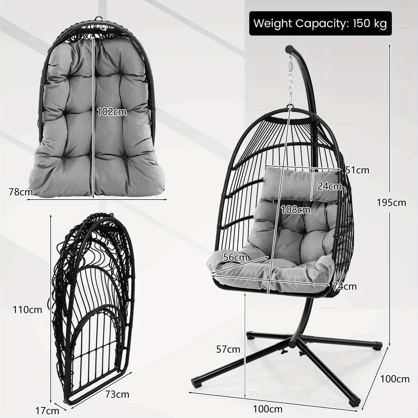 Heavy duty outdoor hanging swing chair with plush cushions and stylish design, supports up to 150 kg