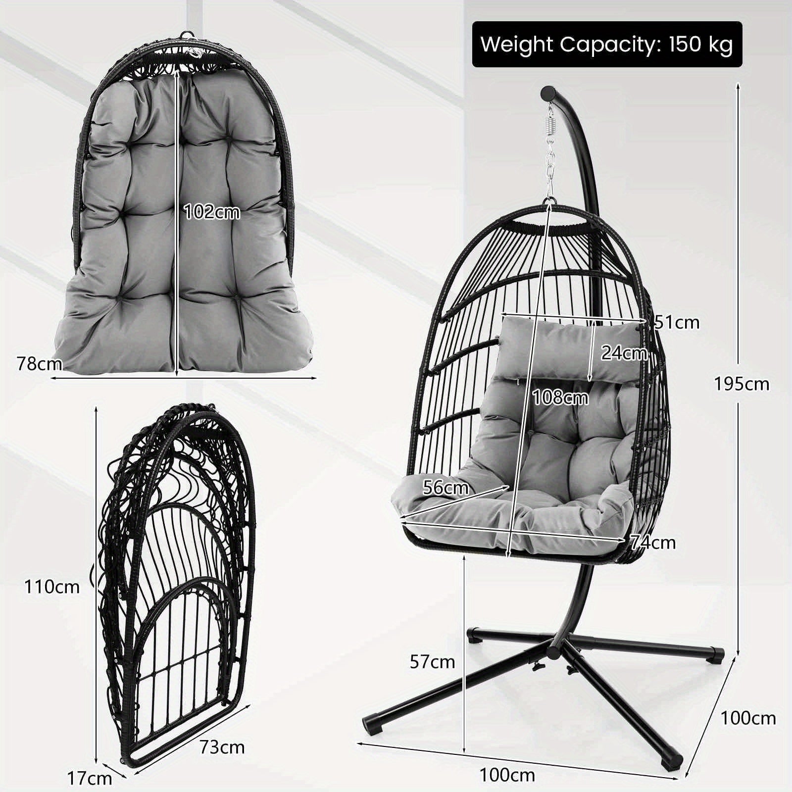 Heavy duty outdoor hanging swing chair with plush cushions and stylish design, supports up to 150 kg