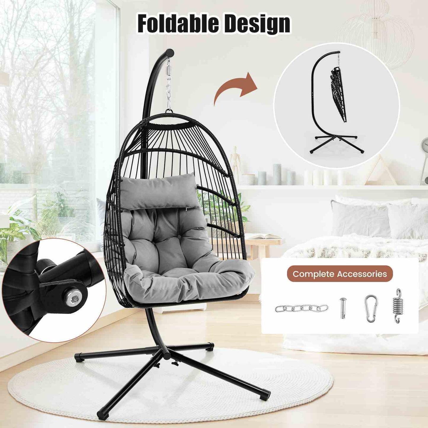 Heavy duty outdoor hanging swing chair with foldable design and plush cushion for comfortable lounging