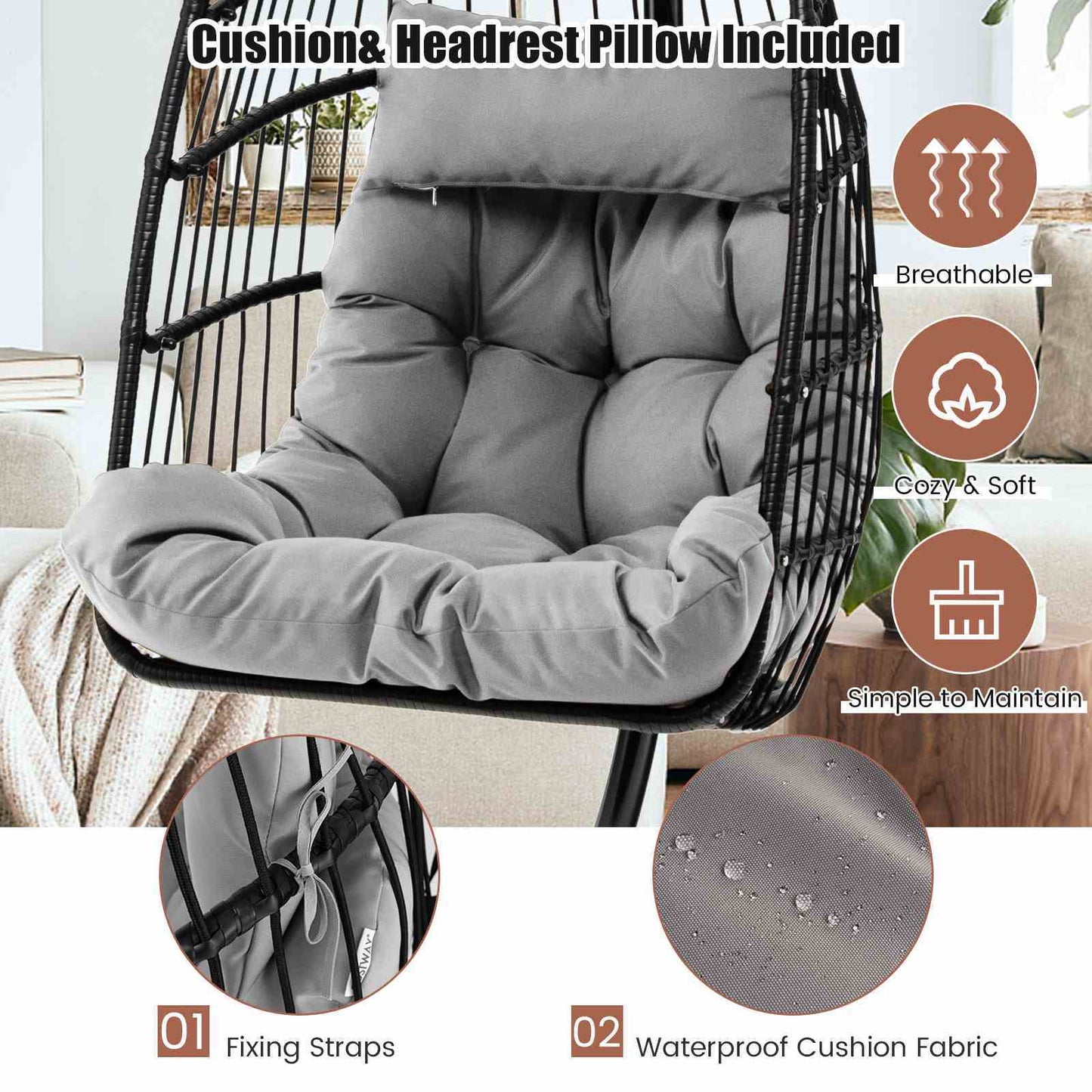 Heavy duty outdoor hanging swing chair with a soft cushion and headrest pillow for comfort