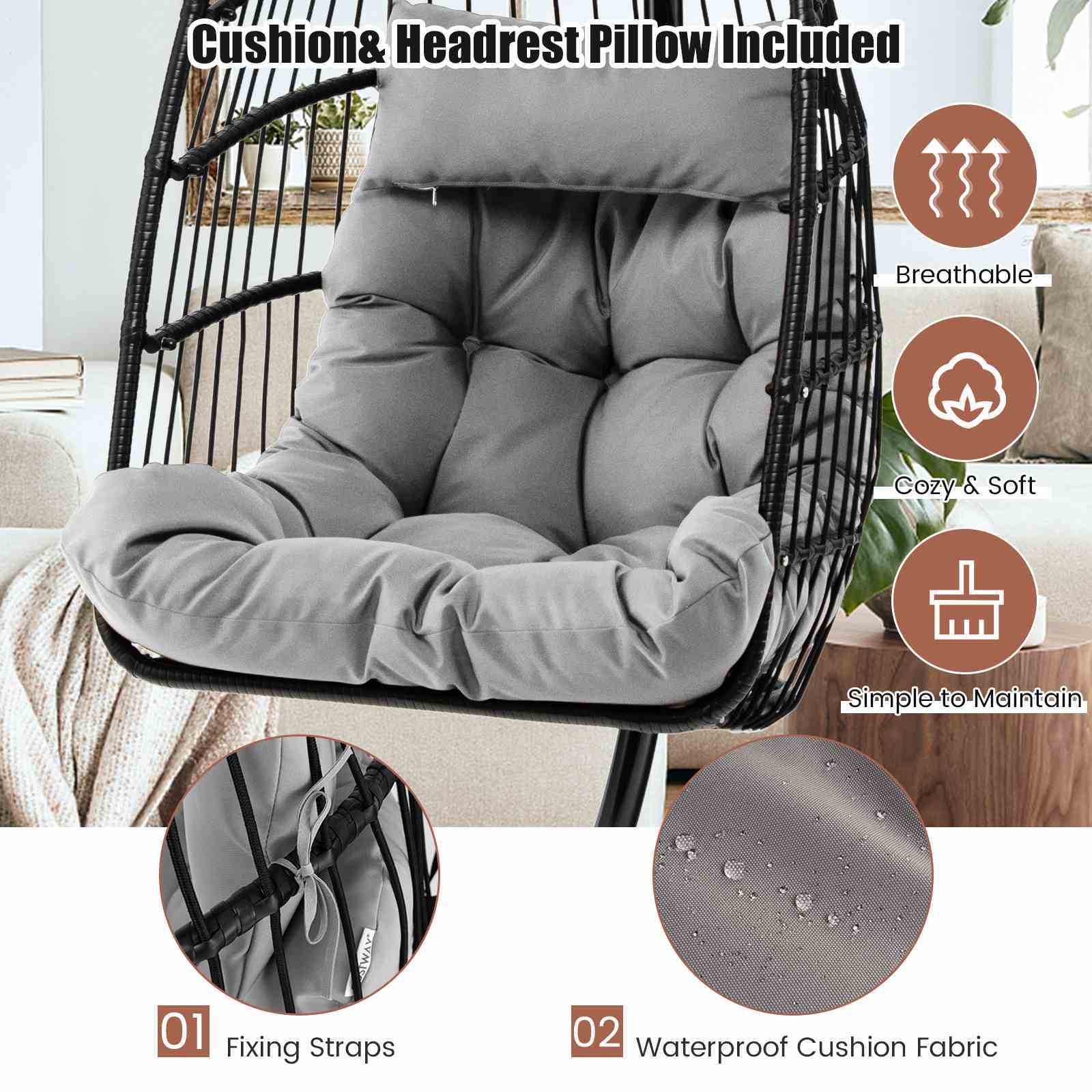 Heavy duty outdoor hanging swing chair with a soft cushion and headrest pillow for comfort