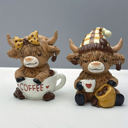Adorable highland cow coffee decor figurines sitting in a coffee cup and holding mugs for a charming display