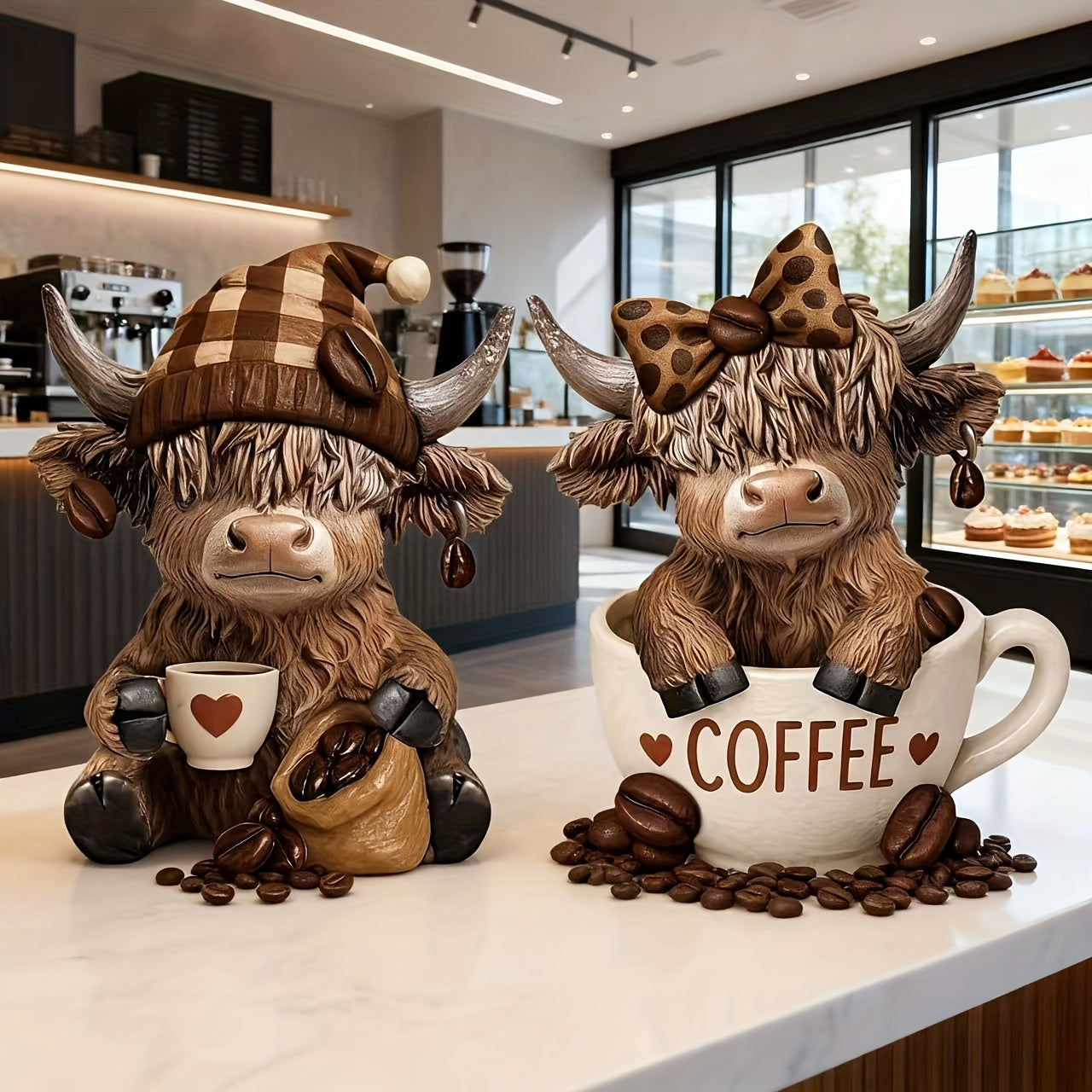 Highland cow coffee decor figurines enjoying coffee with cozy accessories for home decoration