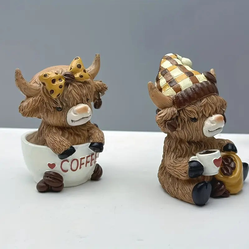 Whimsical Highland Cow Coffee Decor Figurines with Cute Expressions and Coffee Cups