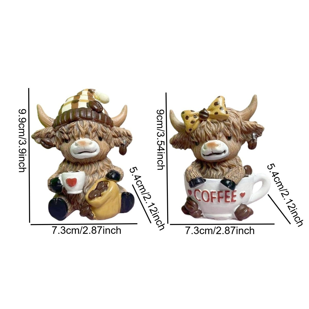 Nutshell Highland Cow Coffee Decor Figurines featuring cute cows with mugs and playful accessories