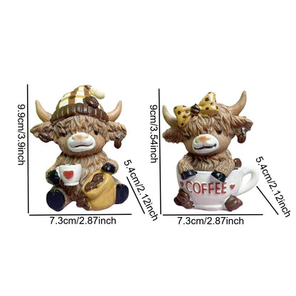 Nutshell Highland Cow Coffee Decor Figurines featuring cute cows with mugs and playful accessories