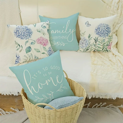 Blue and white floral home decor cushion cover set with inspirational text designs on sofa and basket