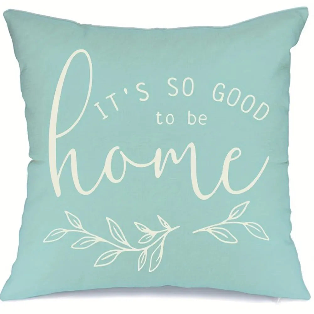 Nutshell home decor cushion cover set with light blue background and white home quote design