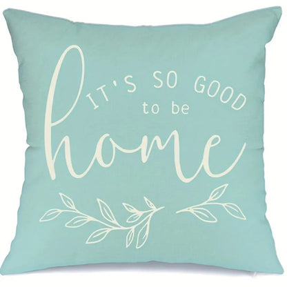 Nutshell home decor cushion cover set with light blue background and white home quote design