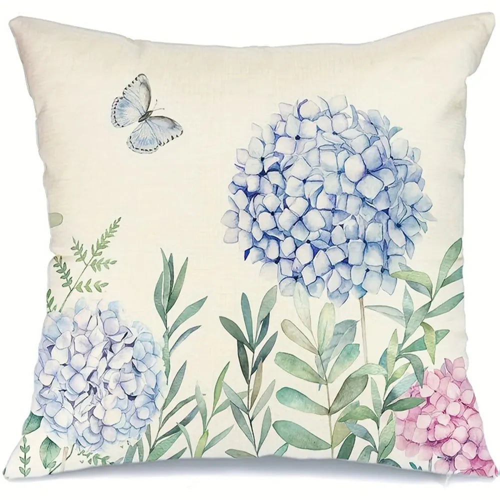 Nutshell home decor cushion cover set with blue and pink hydrangea flowers and butterfly design