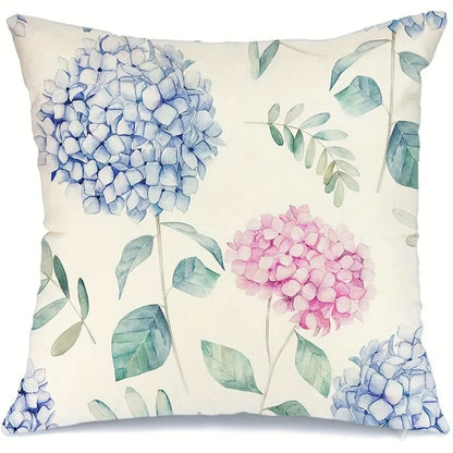 Nutshell home decor cushion cover set with blue and pink floral hydrangea design on cream background